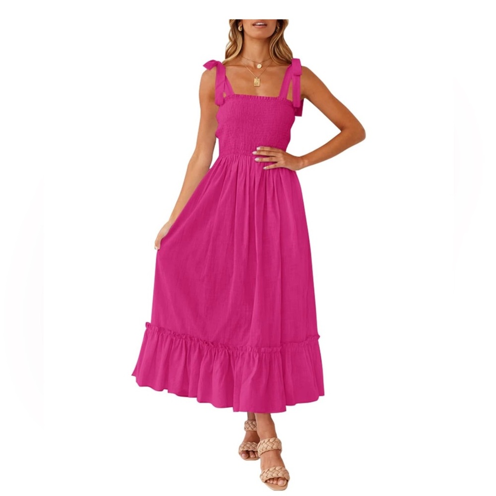 Rose Spaghetti Strap Bow Square Neck, Ruffle A Line Beach Long Maxi Dress Large